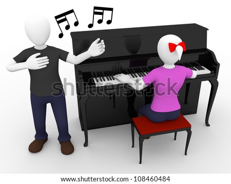 A singer sings a song with a pianist woman