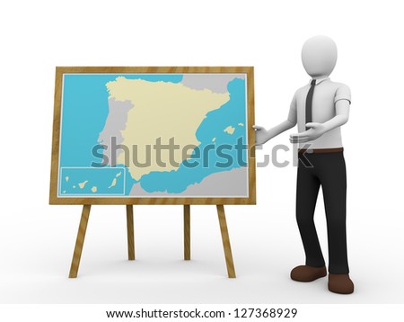 A man is teaching spanish geography with a map of Spain