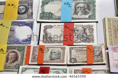 Antique banknotes in pesetas. Old Spanish currency for collection