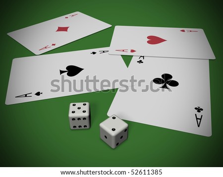 four cards and two dices over a green background