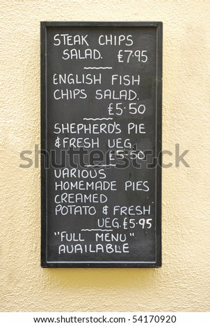 blackboard menu announcing tipycal english food