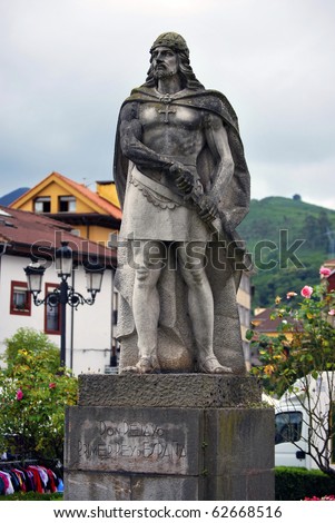 Statue of Don Pelayo, first king of Spain. Cangas de Onis. Asturias, Spain.