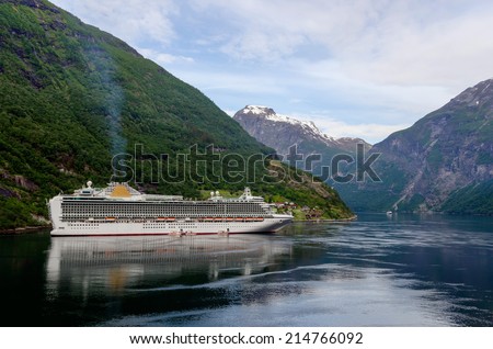 Cruise liner moored in Geiranger. Norwegian fjords