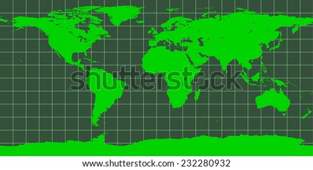 Map of the world as seen in an old green phosphor monitor. Retro style map