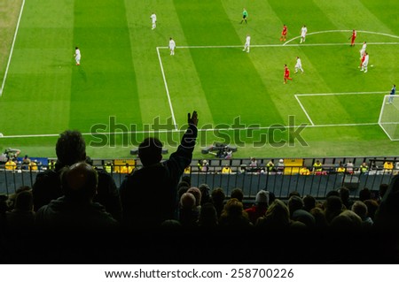 Soccer fans in a match. Spectators complaint about a bad decision of the referee