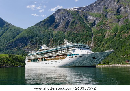 FLAM, NORWAY - JUNE 2: Cruise ship Legend of the Seas of Royal Caribbean International moored in Flam port on June 2, 2014 in Sognjefjord, Flam, Norway.