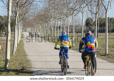 Bicyclists. A group of bikers with their bicycles biking on a park