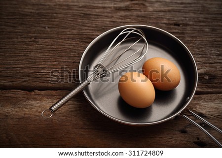 hand mixer for beating eggs inside the teflon pan on the old brown wood table background