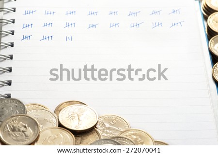 Abstract pile of coins on top of book with counted stack of coins surround the book. The book showing amount of counted set of cons.