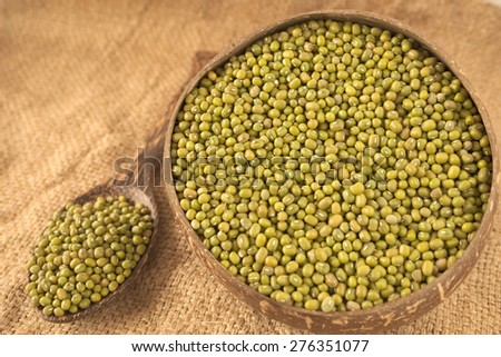 Spoonful of green beans and a bowl filled with green beans over agriculture sack background