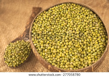 Spoonful of green beans and a bowl filled with green beans over agriculture sack background