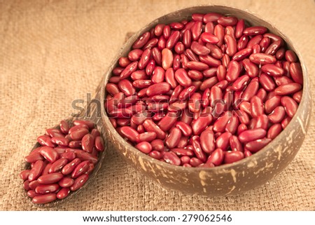 Spoonful of kidney beans and a bowl filled with kidney beans over agriculture sack background