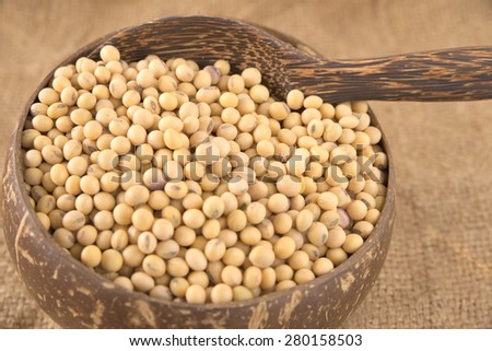 Wooden spoon in a bowl filled with full size yellow beans over agriculture sack background