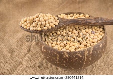 Spoonful of yellow bean on a bowl filled with full size yellow beans over agriculture sack background