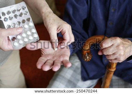 hands of an old caucasian man with medicaments old age and health ilustration