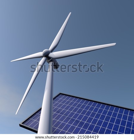 Wind and solar energy, a sunny day, clear blue skies