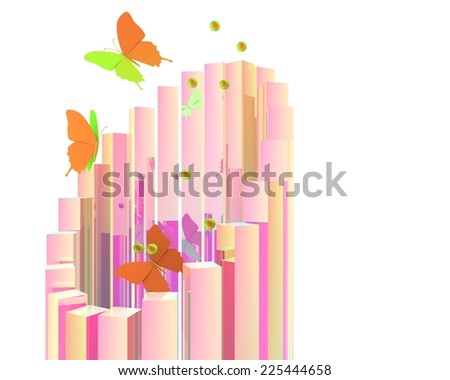 Fantasy butterfly flying out of a colorful tower. Pink orange and green colors
