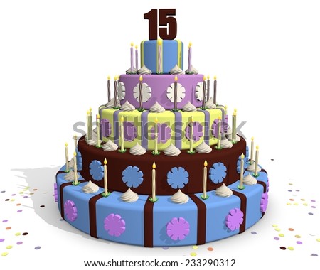 Chocolate party cake, celebrating an anniversary, on top of the cake number fifteen