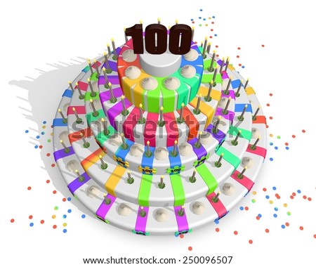 Anniversary cake - happy colored cake with chocolate number 100 on top. Top View