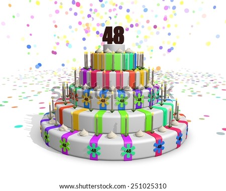 Colorful rainbow cake. Confetti falling down. Decorated with flower candies, candles and cream. On top a chocolate number 48. Ideal for invitations for someones forty-eighth birthday or anniversary
