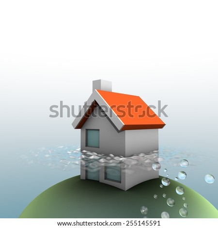 House under water - illustration of a house with an orange roof that is half under the water surface