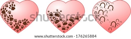Pink hearts with brown paws of cat, dog and horse
