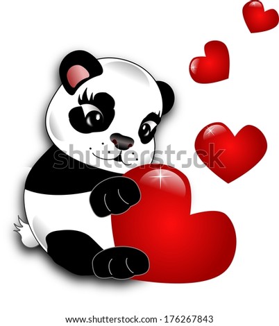 Small cute panda holding big red heart decorated with small hearts