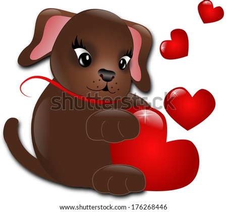 Dark brown dog holding big red heart decorated with small hearts
