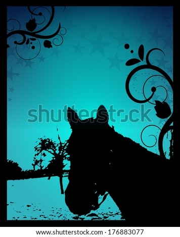 Black horse silhouette with floral ornaments on blue background