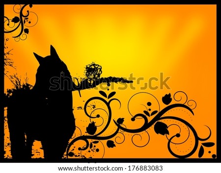 Black horse silhouette with floral ornaments on yellow background