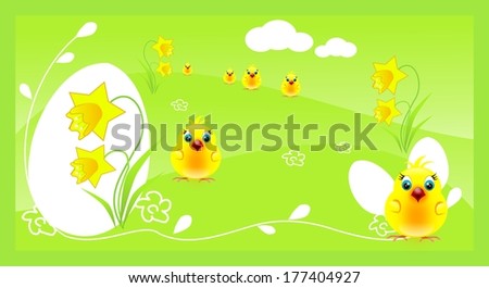 Green background decorated with white easter eggs, daffodils and yellow cute chickens