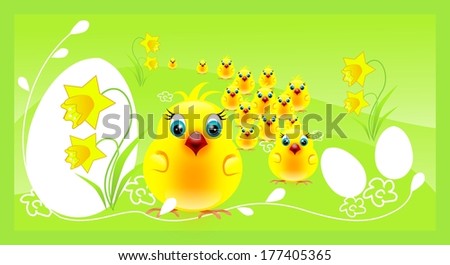 Big crowd of small cute chickens on happy easter background
