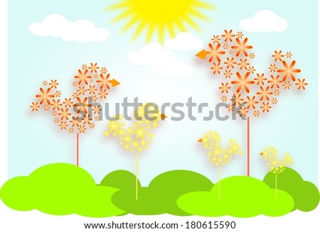 Illustration of floral birds on clouds of grass with sky on background