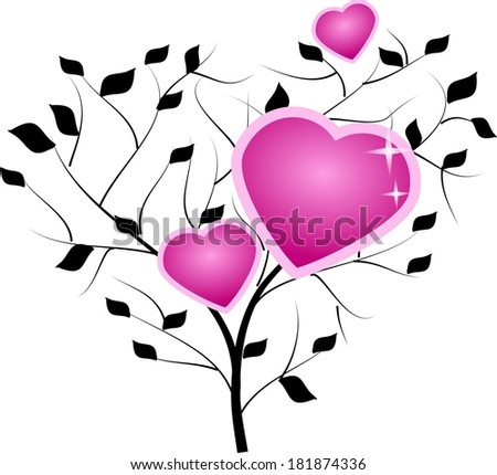 Black tree with leaves decorated with three pink hearts