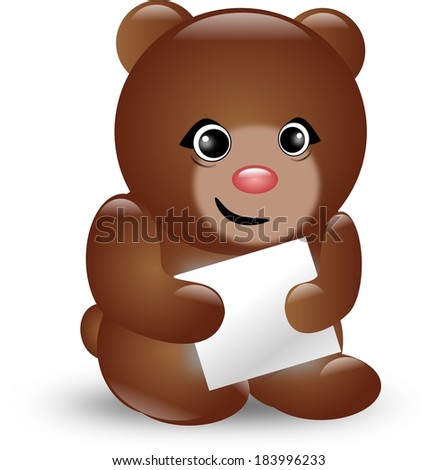 Cute small brown bear holding empty white label
