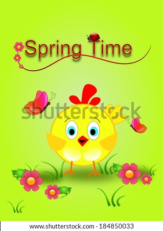 Happy spring time card with chicken and flowers