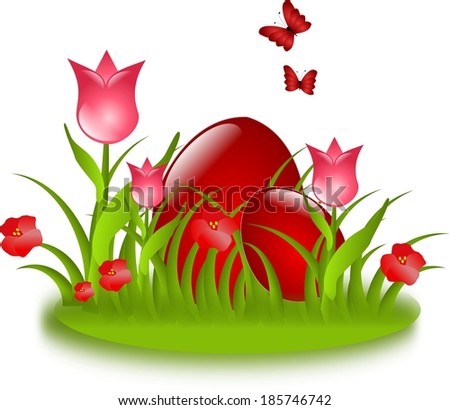 Red easter eggs hidden in grass with tulips and butterflies