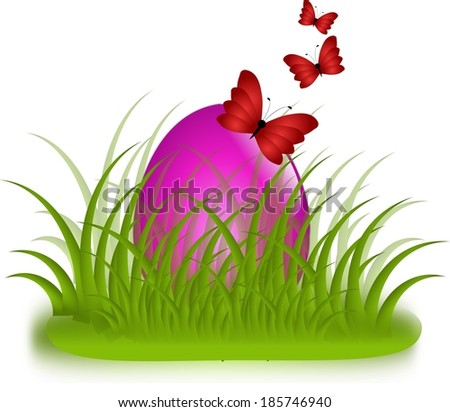 Pink easter egg hidden in grass with red butterflies