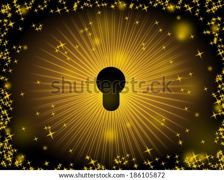 Keyhole with yellow shine light on black background