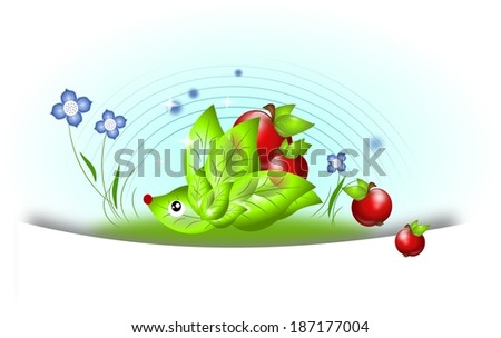 Green hedgehog set of leaves holding red apples
