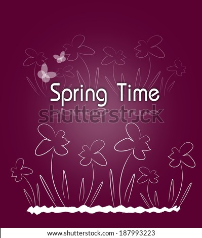Dark purple background with white floral ornaments and text Spring Time