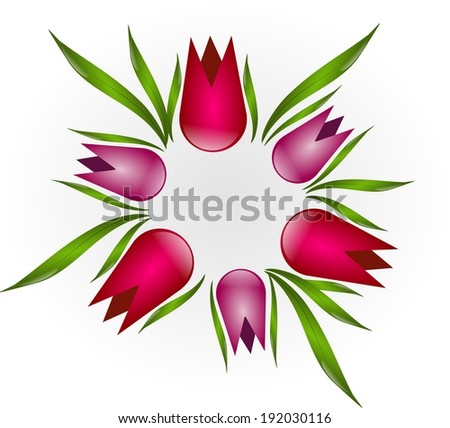 Circle set of pink and purple tulips with leaves