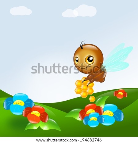 Cute bee with honey flying over flowers landscape
