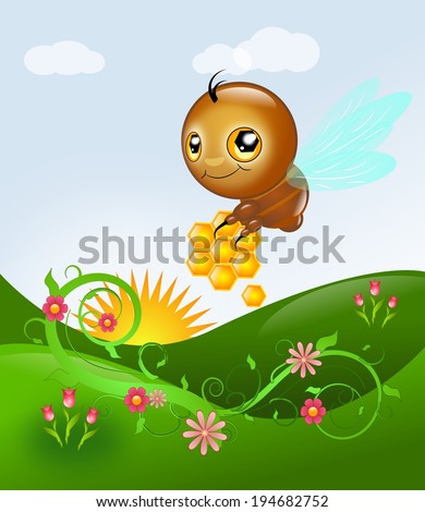 Small cute bee carrying honey above floral landscape