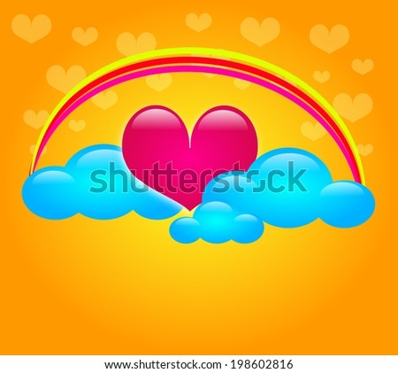 Happy sweet heart in blue clouds with rainbow on yellow background