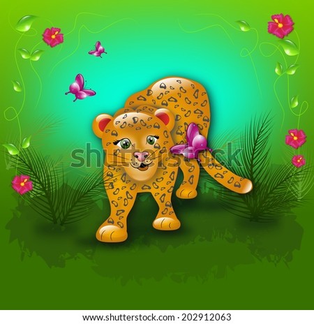 Cartoon leopard in jungle with butterflies
