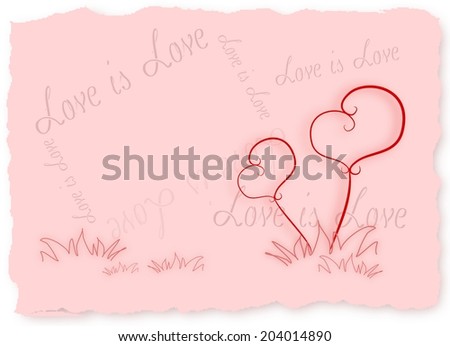 Pink background with heart ornaments and text Love is Love