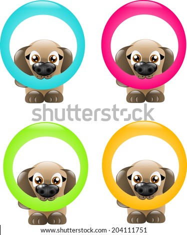 Set of four dog with colored circle in muzzle