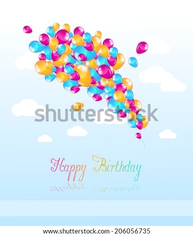 Inflatable balloons different colors on blue sky with text Happy Birthday