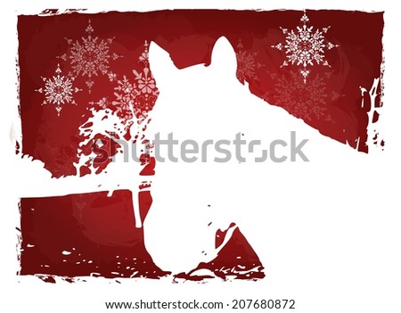 Red background with white horse head silhouette and snowflake in background